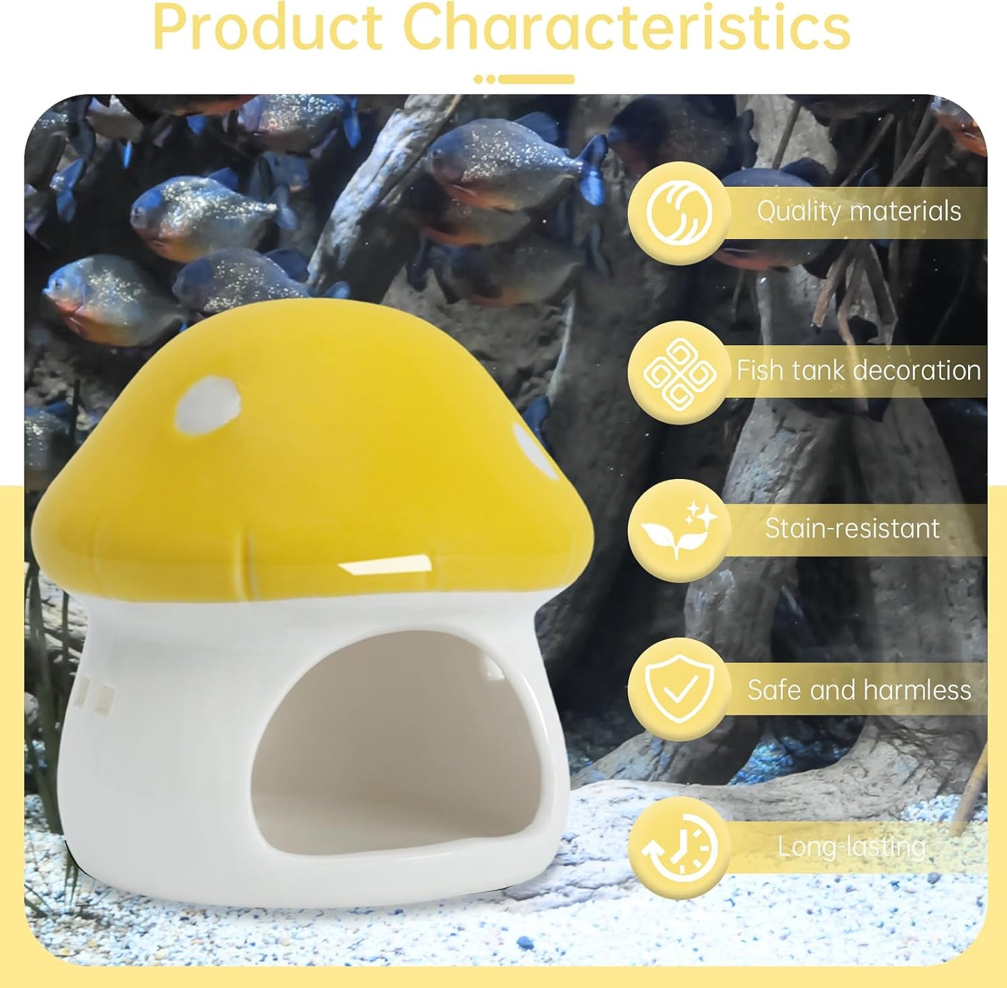 Ceramic Mushroom Aquarium Decor Cute Mini House Betta Fish Tank Accessories Decoration Hideaway Hideout Cave Ornament for Small Fish, Shrimp, Goldfish and Reptiles (Yellow, Small)