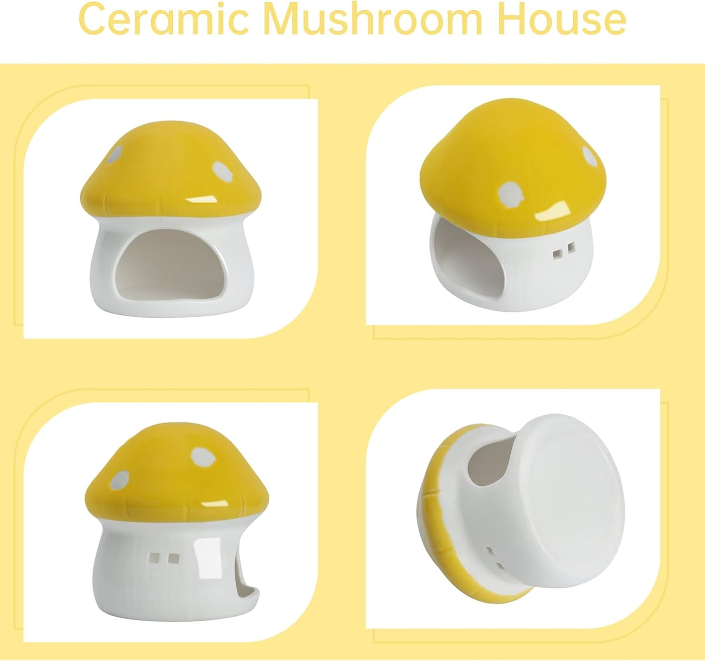 Ceramic Mushroom Aquarium Decor Cute Mini House Betta Fish Tank Accessories Decoration Hideaway Hideout Cave Ornament for Small Fish, Shrimp, Goldfish and Reptiles (Yellow, Small)