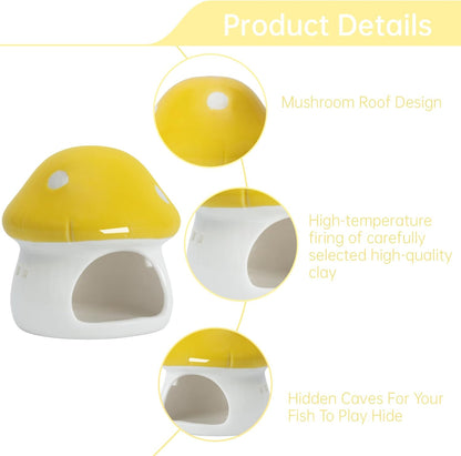 Ceramic Mushroom Aquarium Decor Cute Mini House Betta Fish Tank Accessories Decoration Hideaway Hideout Cave Ornament for Small Fish, Shrimp, Goldfish and Reptiles (Yellow, Small)