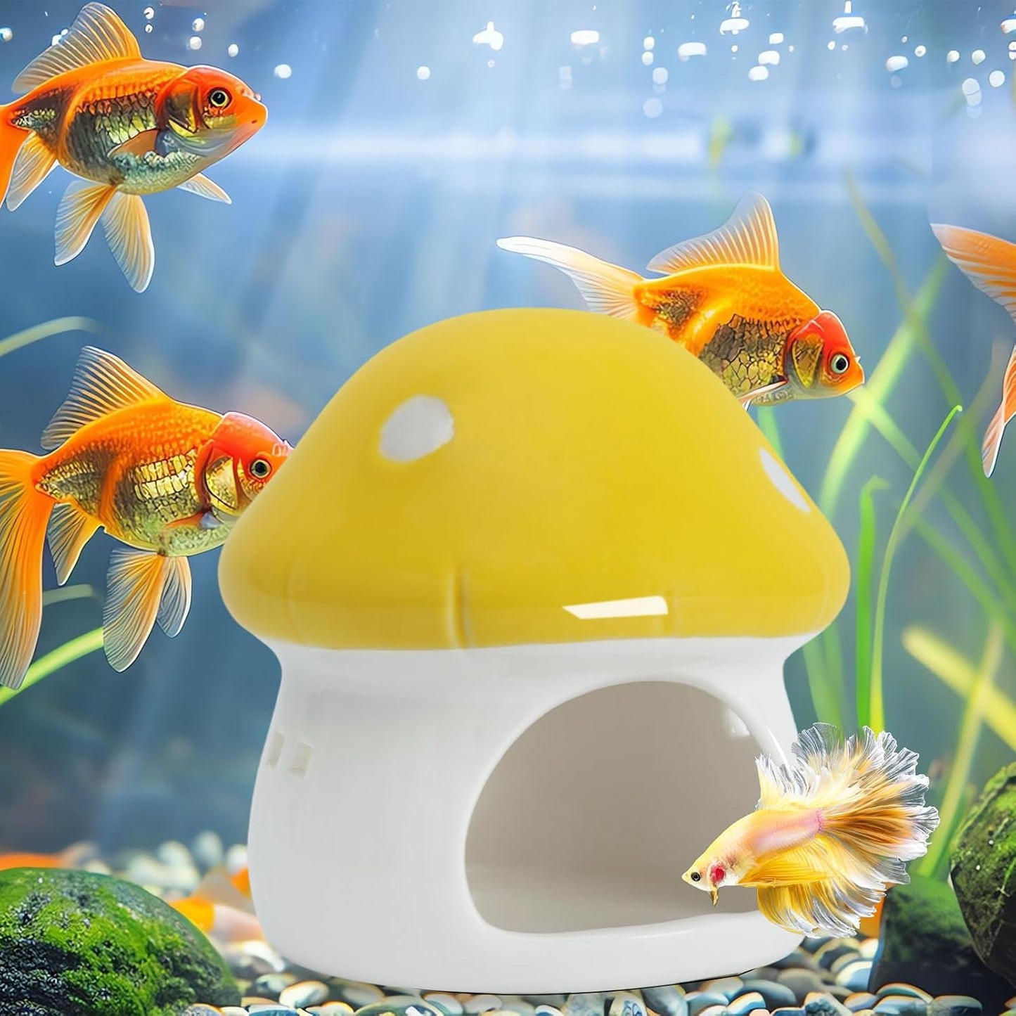 Ceramic Mushroom Aquarium Decor Cute Mini House Betta Fish Tank Accessories Decoration Hideaway Hideout Cave Ornament for Small Fish, Shrimp, Goldfish and Reptiles (Yellow, Small)
