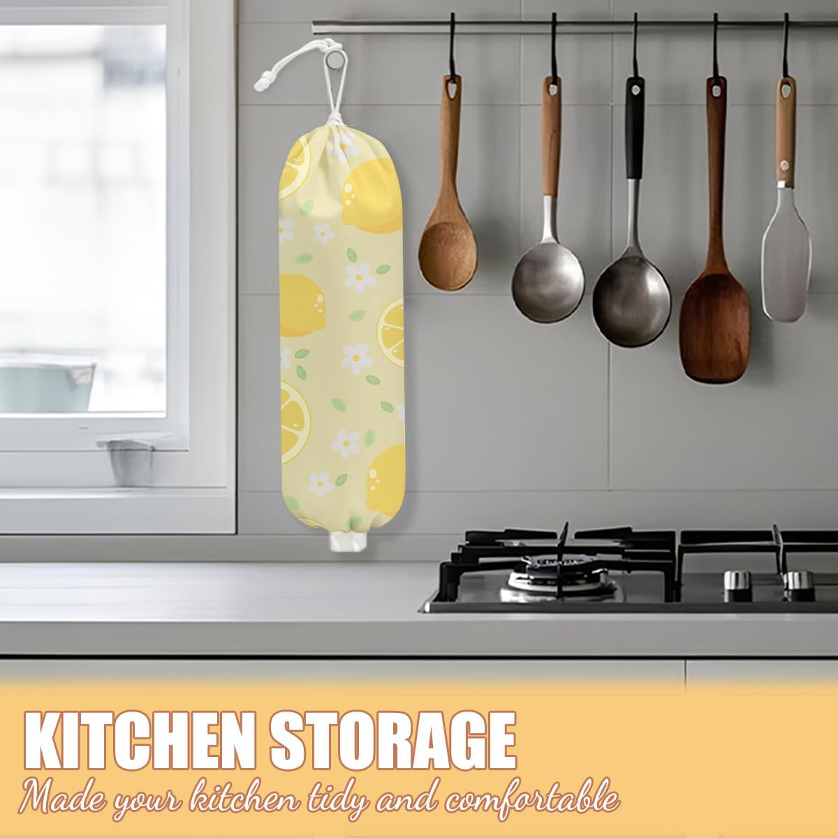 Cute Lemons Plastic Bag Holder, Wall Mount Grocery Bag Holder | Plastic Storage bag, Pull Rope Free Adjustment, Plastic Bag Holders for Grocery Bags, Plastic Bag Dispenser for Home Kitchen