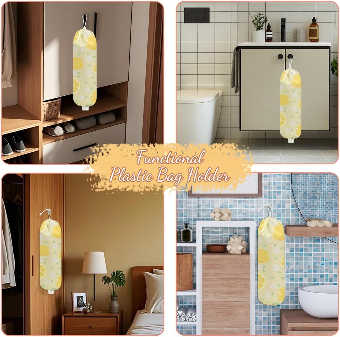 Cute Lemons Plastic Bag Holder, Wall Mount Grocery Bag Holder | Plastic Storage bag, Pull Rope Free Adjustment, Plastic Bag Holders for Grocery Bags, Plastic Bag Dispenser for Home Kitchen