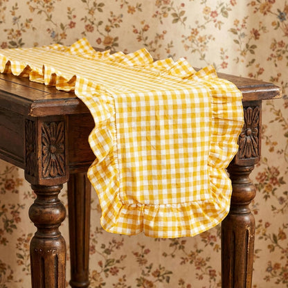 1 Pcs Yellow Plaid Gingham Ruffle Table Runner 72 x 13.8'' Farmhouse Table Runner 100% Cotton Scalloped Long Dresser Scarves for Dining Room, Wedding, Kitchen Rustic Home Decor