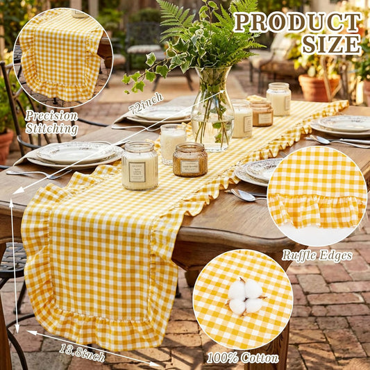 1 Pcs Yellow Plaid Gingham Ruffle Table Runner 72 x 13.8'' Farmhouse Table Runner 100% Cotton Scalloped Long Dresser Scarves for Dining Room, Wedding, Kitchen Rustic Home Decor