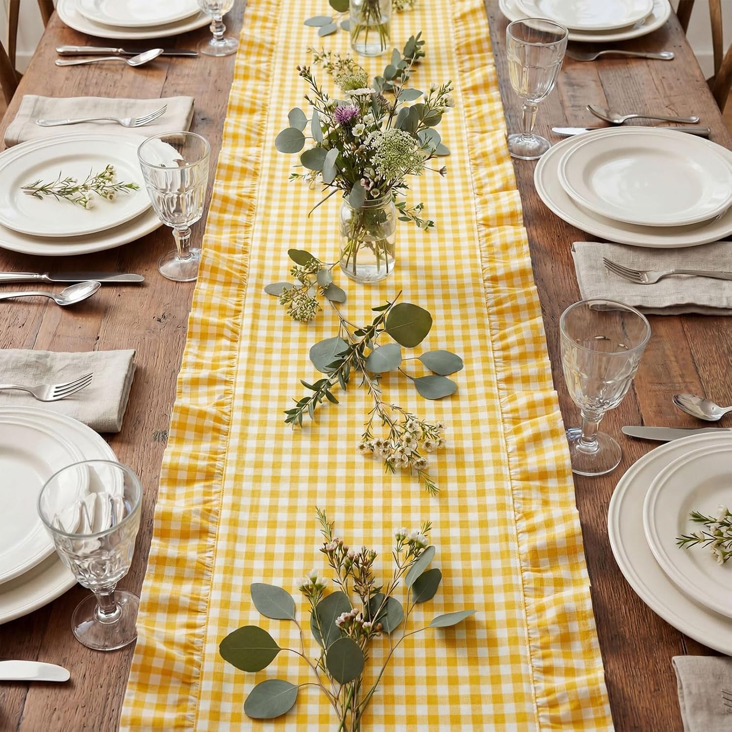 1 Pcs Yellow Plaid Gingham Ruffle Table Runner 72 x 13.8'' Farmhouse Table Runner 100% Cotton Scalloped Long Dresser Scarves for Dining Room, Wedding, Kitchen Rustic Home Decor