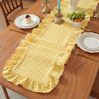 1 Pcs Yellow Plaid Gingham Ruffle Table Runner 72 x 13.8'' Farmhouse Table Runner 100% Cotton Scalloped Long Dresser Scarves for Dining Room, Wedding, Kitchen Rustic Home Decor