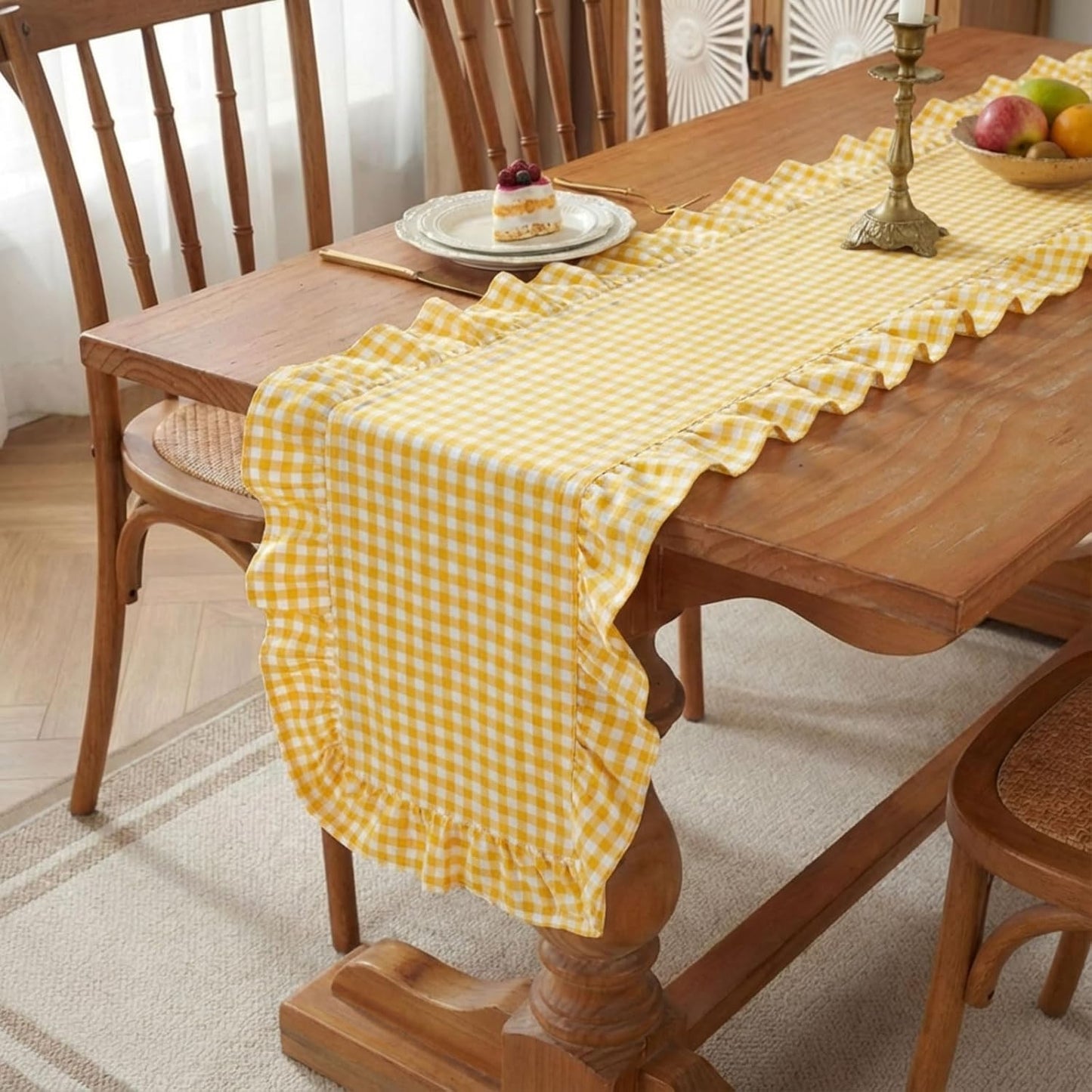 1 Pcs Yellow Plaid Gingham Ruffle Table Runner 72 x 13.8'' Farmhouse Table Runner 100% Cotton Scalloped Long Dresser Scarves for Dining Room, Wedding, Kitchen Rustic Home Decor