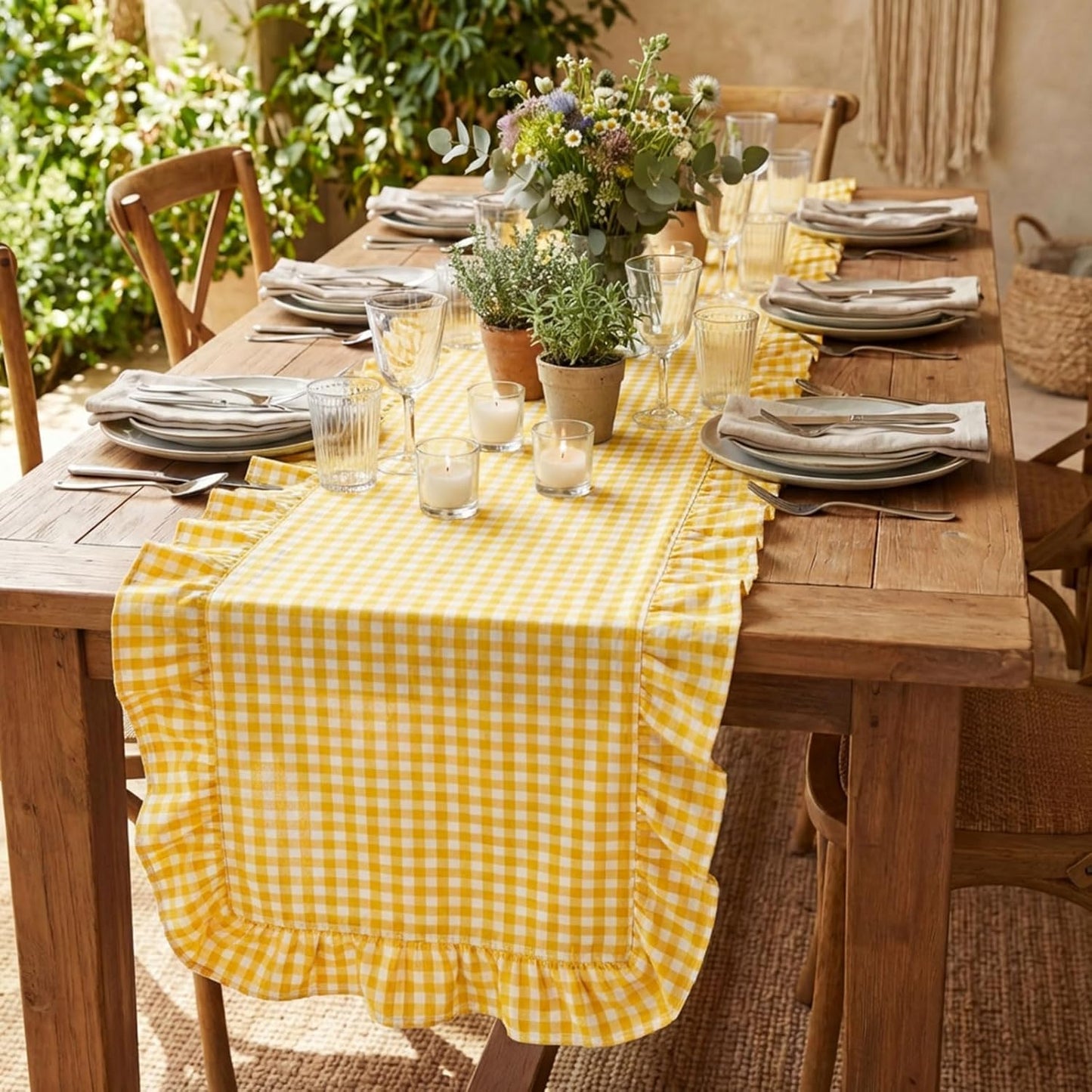 1 Pcs Yellow Plaid Gingham Ruffle Table Runner 72 x 13.8'' Farmhouse Table Runner 100% Cotton Scalloped Long Dresser Scarves for Dining Room, Wedding, Kitchen Rustic Home Decor