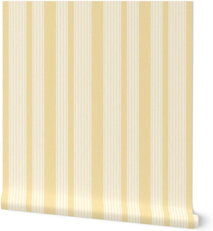 French Ticking Pre-Pasted Removable Wallpaper | Roll 24" x 36" | Yellow Cream Cosmic Latte Country House | Self-adhesive, removable and renter-friendly