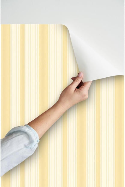 French Ticking Pre-Pasted Removable Wallpaper | Roll 24" x 36" | Yellow Cream Cosmic Latte Country House | Self-adhesive, removable and renter-friendly