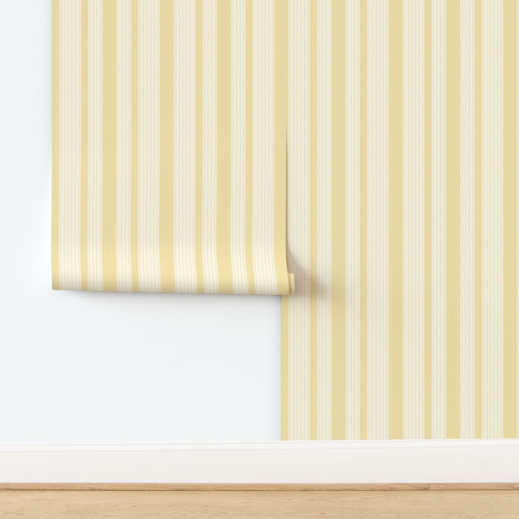 French Ticking Pre-Pasted Removable Wallpaper | Roll 24" x 36" | Yellow Cream Cosmic Latte Country House | Self-adhesive, removable and renter-friendly
