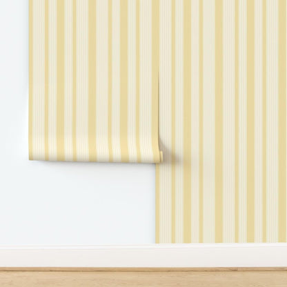 French Ticking Pre-Pasted Removable Wallpaper | Roll 24" x 36" | Yellow Cream Cosmic Latte Country House | Self-adhesive, removable and renter-friendly