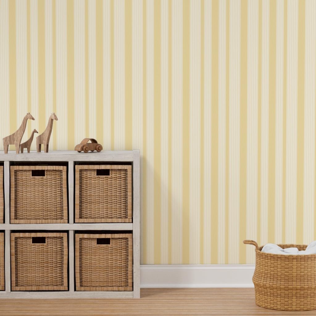 French Ticking Pre-Pasted Removable Wallpaper | Roll 24" x 36" | Yellow Cream Cosmic Latte Country House | Self-adhesive, removable and renter-friendly