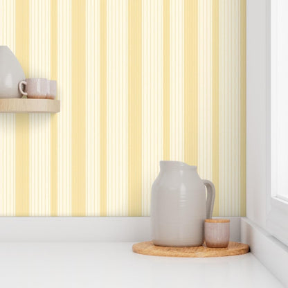 French Ticking Pre-Pasted Removable Wallpaper | Roll 24" x 36" | Yellow Cream Cosmic Latte Country House | Self-adhesive, removable and renter-friendly
