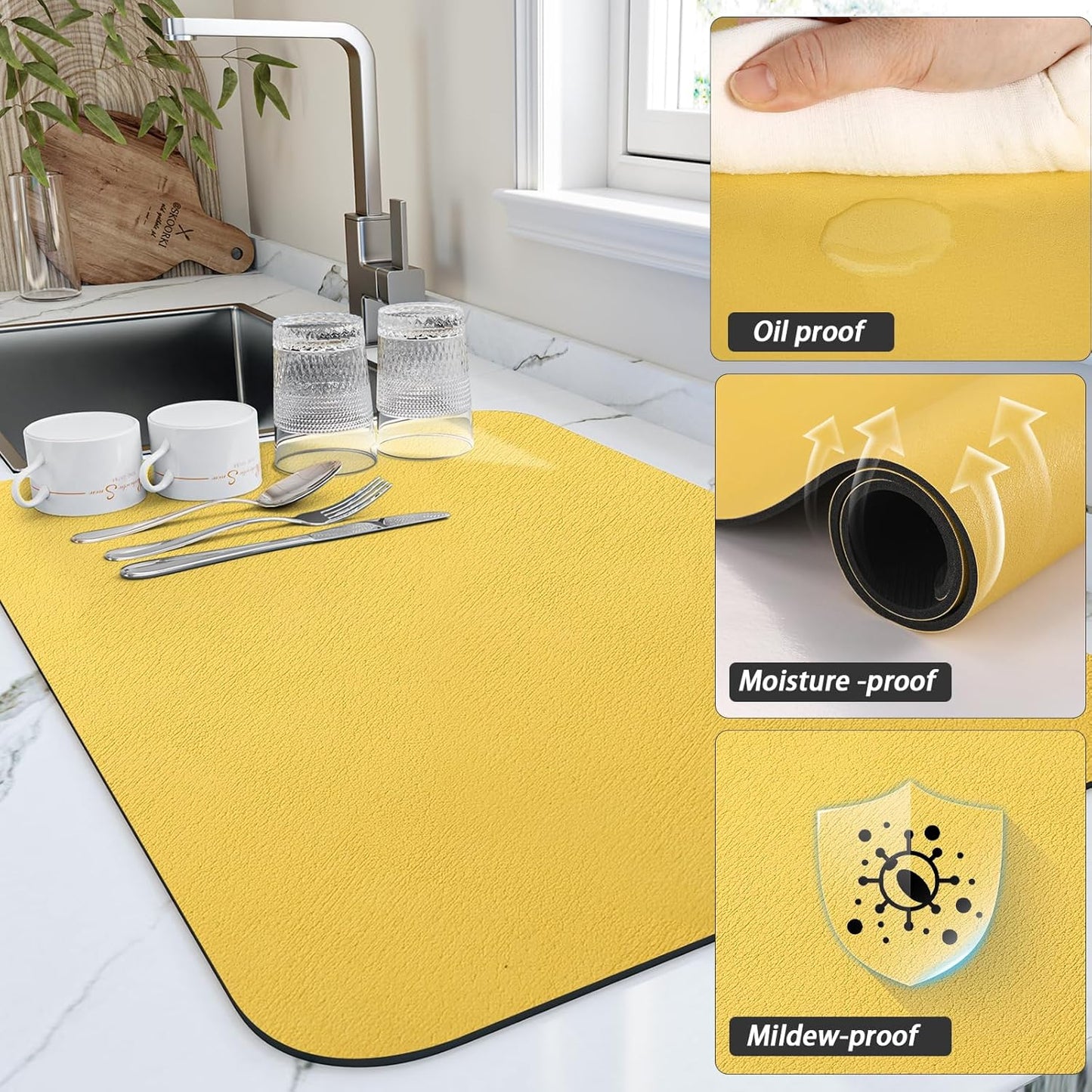 Dish Drying Mat for Kitchen Counter, Heat Resistant Drainer Mats with Non-slip Rubber Backed, Hide Stain Kitchen Super Absorbent Draining Mat, Easy to Clean Dish Rack Pad, Yellow 16"x20"