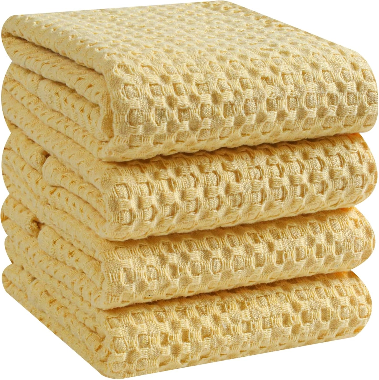 4-Pack Premium Waffle Kitchen Towels with Hanging Loop 16x26 inches, Soft Absorbent, Cotton Dish Towels for Cleaning Drying Dishes, Yellow