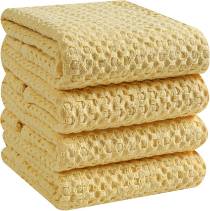 4-Pack Premium Waffle Kitchen Towels with Hanging Loop 16x26 inches, Soft Absorbent, Cotton Dish Towels for Cleaning Drying Dishes, Yellow