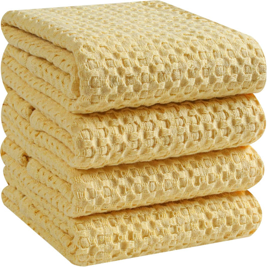 4-Pack Premium Waffle Kitchen Towels with Hanging Loop 16x26 inches, Soft Absorbent, Cotton Dish Towels for Cleaning Drying Dishes, Yellow