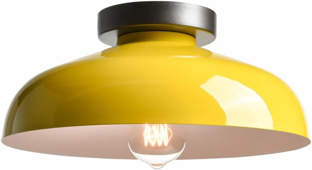 Macarons Yellow Ceiling Light Industrial Mount Fixture with 12-Inch Metal Shade for Bedroom Hallway Porch