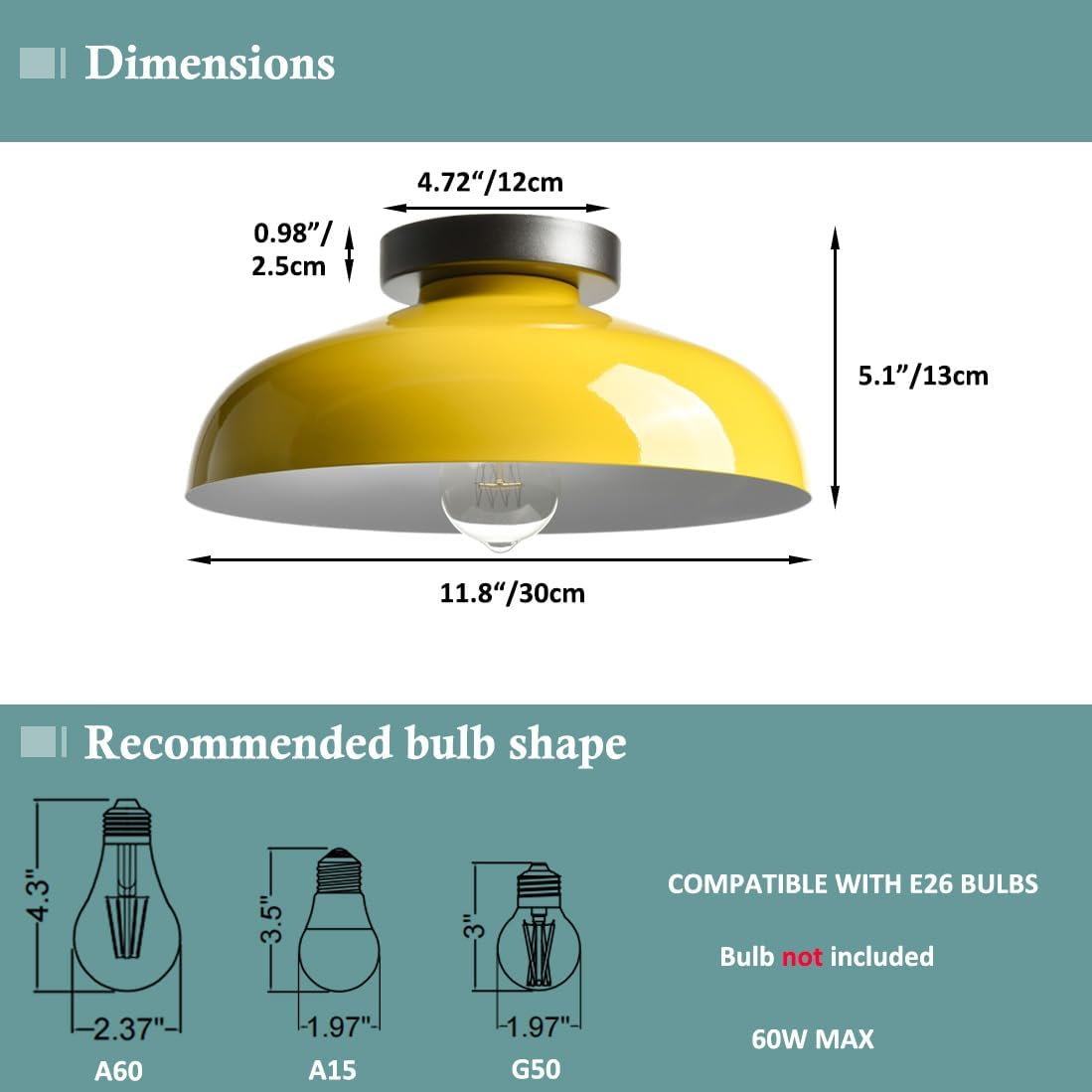Macarons Yellow Ceiling Light Industrial Mount Fixture with 12-Inch Metal Shade for Bedroom Hallway Porch