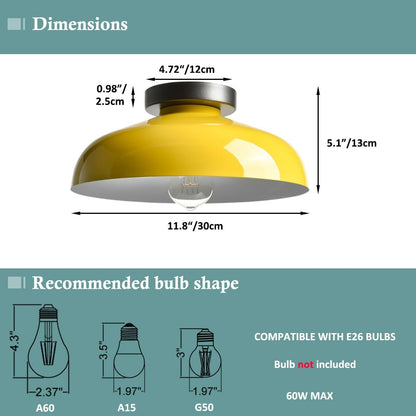 Macarons Yellow Ceiling Light Industrial Mount Fixture with 12-Inch Metal Shade for Bedroom Hallway Porch