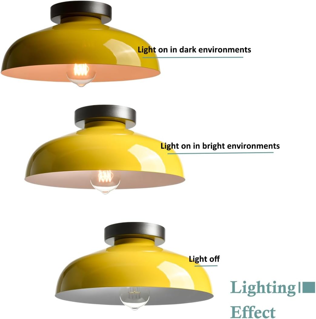 Macarons Yellow Ceiling Light Industrial Mount Fixture with 12-Inch Metal Shade for Bedroom Hallway Porch