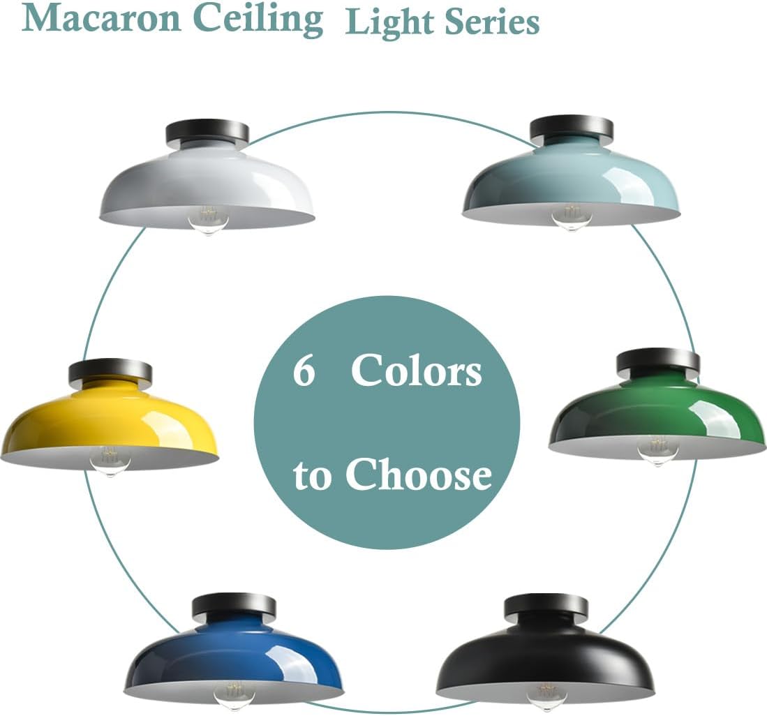 Macarons Yellow Ceiling Light Industrial Mount Fixture with 12-Inch Metal Shade for Bedroom Hallway Porch