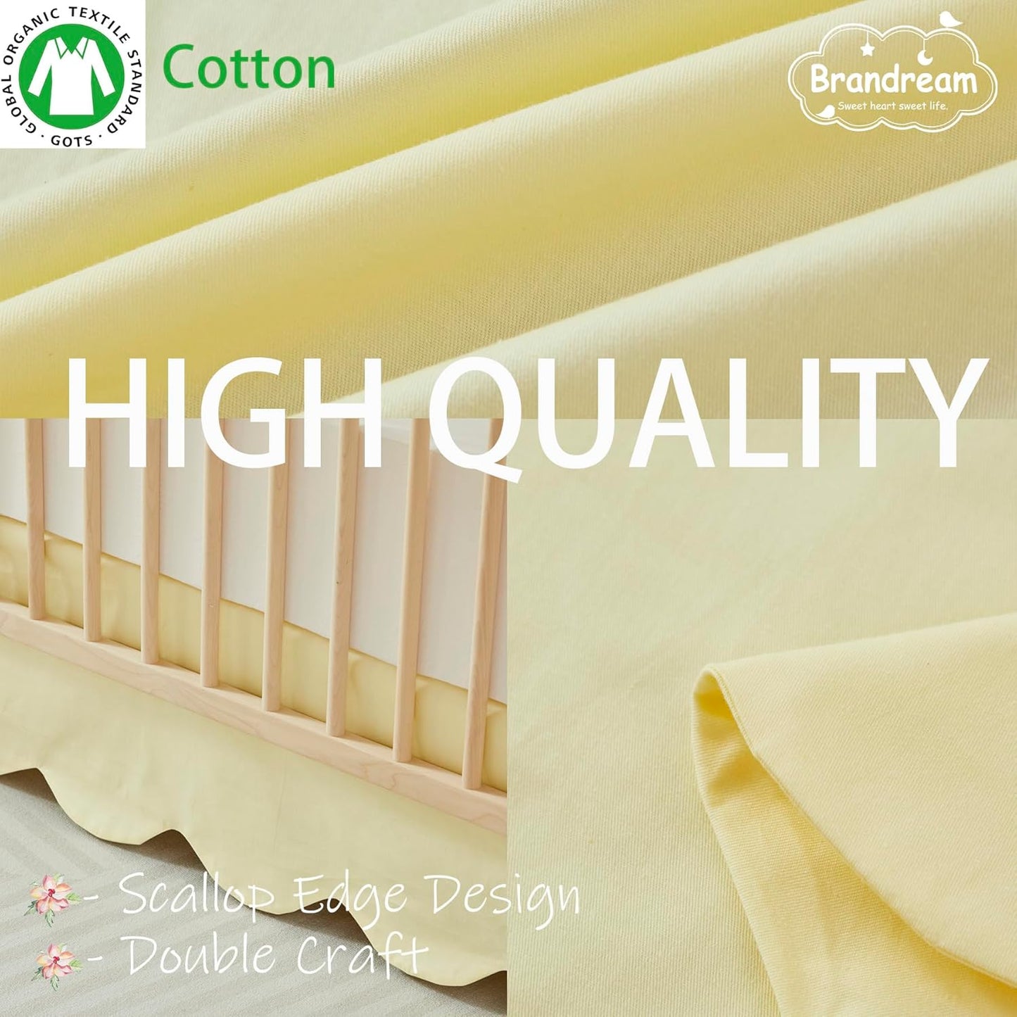 Scallop Edge Cotton Crib Skirt Toddler Bedskirt Baby Nursery Crib Bed Skirt Boho Bohemian Neutral Solid Color Light Yellow Farmhouse Chic Bedding Skirt