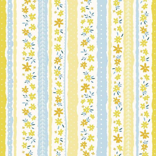Yellow Blue Floral Stripe Wallpaper Peel and Stick Cute Small Flower Stripe Wallpaper for Bedroom Nursery Floral Leaf Contact Paper for Cabinet Self Adhesive Room Wall Covering 17.7"x157"