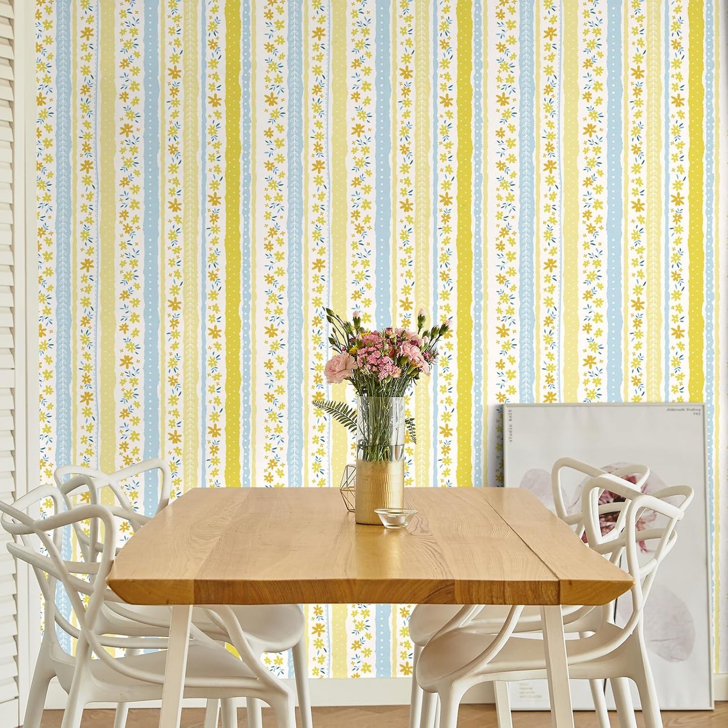 Yellow Blue Floral Stripe Wallpaper Peel and Stick Cute Small Flower Stripe Wallpaper for Bedroom Nursery Floral Leaf Contact Paper for Cabinet Self Adhesive Room Wall Covering 17.7"x157"