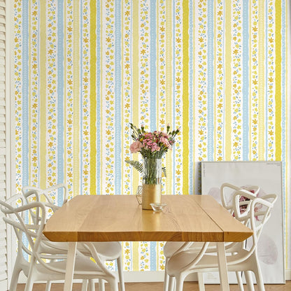 Yellow Blue Floral Stripe Wallpaper Peel and Stick Cute Small Flower Stripe Wallpaper for Bedroom Nursery Floral Leaf Contact Paper for Cabinet Self Adhesive Room Wall Covering 17.7"x157"