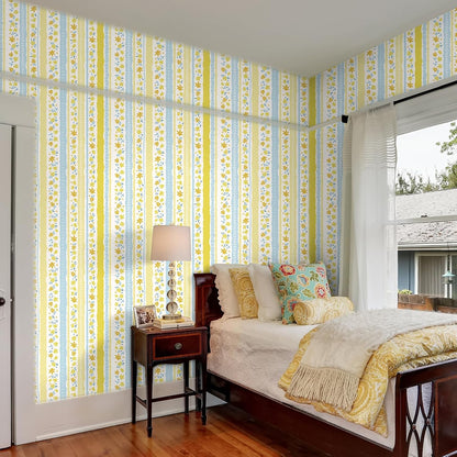 Yellow Blue Floral Stripe Wallpaper Peel and Stick Cute Small Flower Stripe Wallpaper for Bedroom Nursery Floral Leaf Contact Paper for Cabinet Self Adhesive Room Wall Covering 17.7"x157"