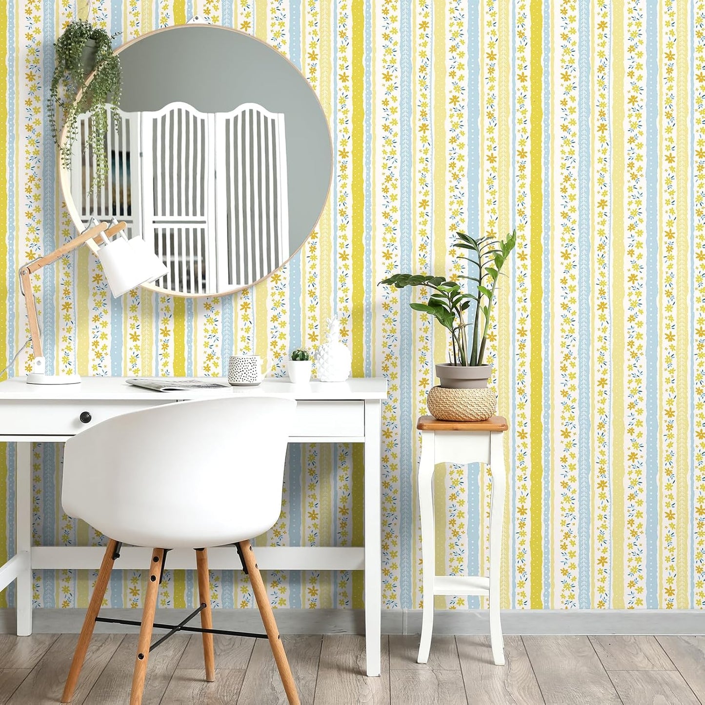 Yellow Blue Floral Stripe Wallpaper Peel and Stick Cute Small Flower Stripe Wallpaper for Bedroom Nursery Floral Leaf Contact Paper for Cabinet Self Adhesive Room Wall Covering 17.7"x157"
