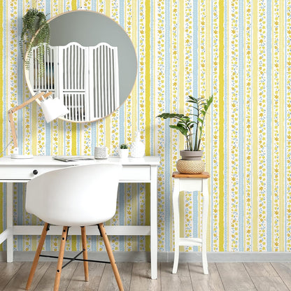 Yellow Blue Floral Stripe Wallpaper Peel and Stick Cute Small Flower Stripe Wallpaper for Bedroom Nursery Floral Leaf Contact Paper for Cabinet Self Adhesive Room Wall Covering 17.7"x157"