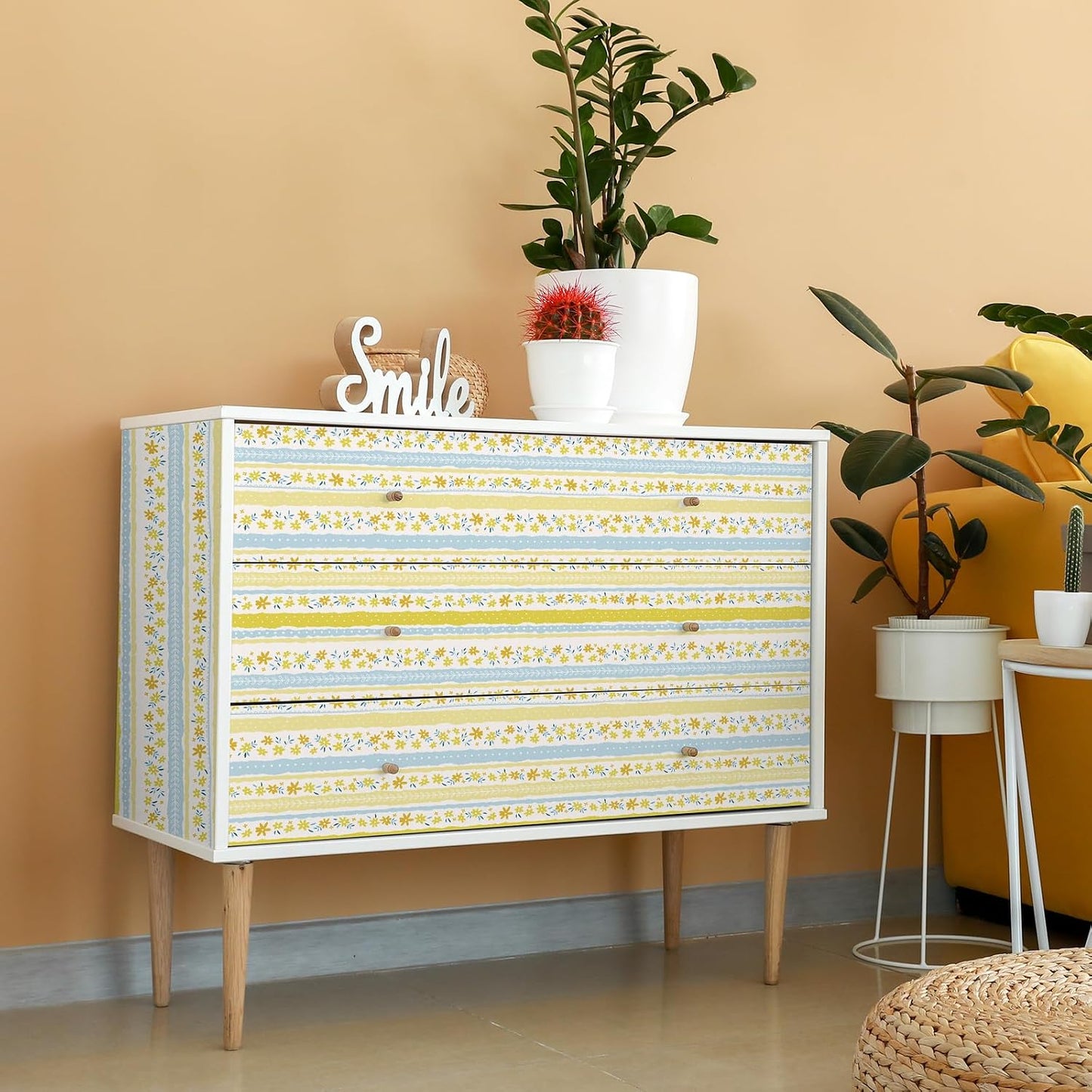 Yellow Blue Floral Stripe Wallpaper Peel and Stick Cute Small Flower Stripe Wallpaper for Bedroom Nursery Floral Leaf Contact Paper for Cabinet Self Adhesive Room Wall Covering 17.7"x157"