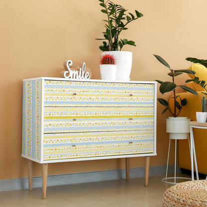 Yellow Blue Floral Stripe Wallpaper Peel and Stick Cute Small Flower Stripe Wallpaper for Bedroom Nursery Floral Leaf Contact Paper for Cabinet Self Adhesive Room Wall Covering 17.7"x157"