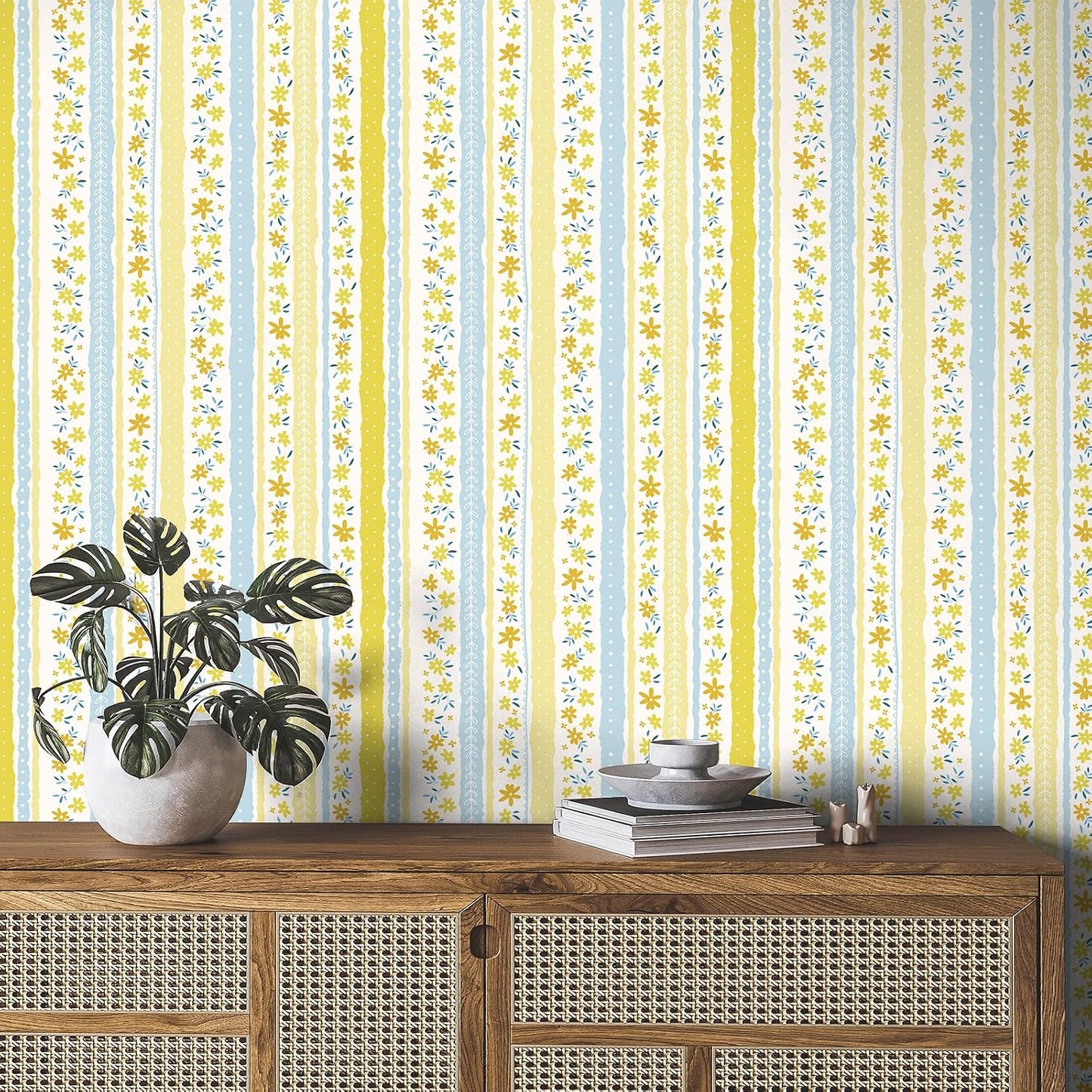 Yellow Blue Floral Stripe Wallpaper Peel and Stick Cute Small Flower Stripe Wallpaper for Bedroom Nursery Floral Leaf Contact Paper for Cabinet Self Adhesive Room Wall Covering 17.7"x157"
