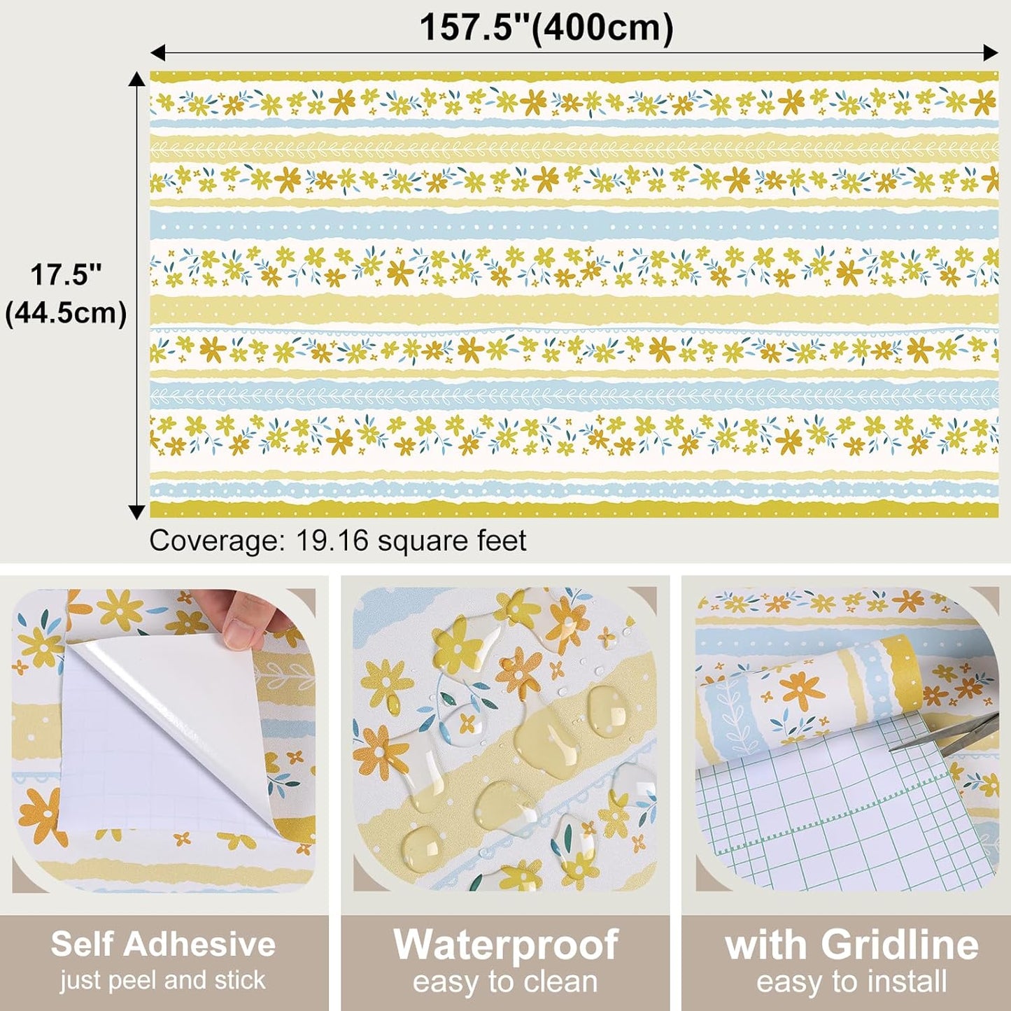 Yellow Blue Floral Stripe Wallpaper Peel and Stick Cute Small Flower Stripe Wallpaper for Bedroom Nursery Floral Leaf Contact Paper for Cabinet Self Adhesive Room Wall Covering 17.7"x157"