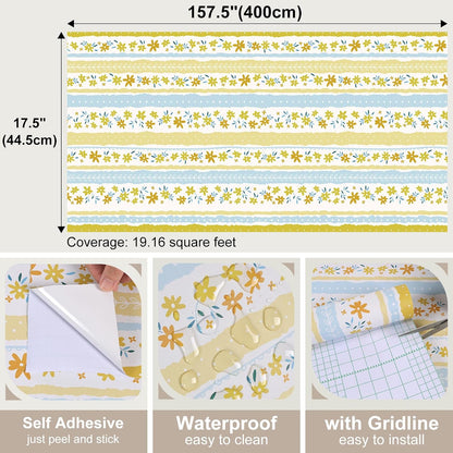 Yellow Blue Floral Stripe Wallpaper Peel and Stick Cute Small Flower Stripe Wallpaper for Bedroom Nursery Floral Leaf Contact Paper for Cabinet Self Adhesive Room Wall Covering 17.7"x157"