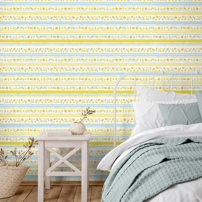 Yellow Blue Floral Stripe Wallpaper Peel and Stick Cute Small Flower Stripe Wallpaper for Bedroom Nursery Floral Leaf Contact Paper for Cabinet Self Adhesive Room Wall Covering 17.7"x157"