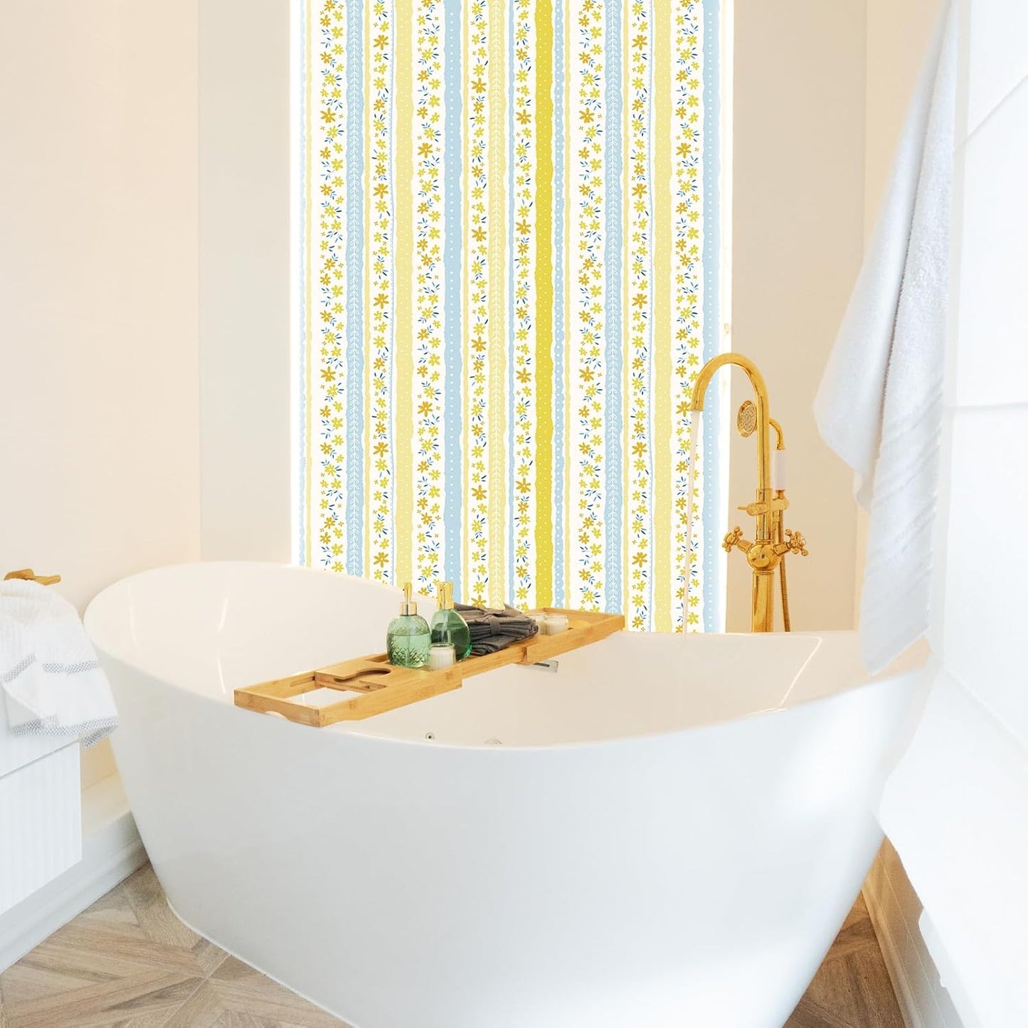 Yellow Blue Floral Stripe Wallpaper Peel and Stick Cute Small Flower Stripe Wallpaper for Bedroom Nursery Floral Leaf Contact Paper for Cabinet Self Adhesive Room Wall Covering 17.7"x157"
