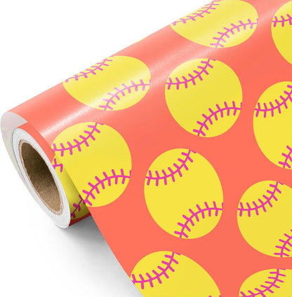Softball Wrapping Paper Roll - Mini Roll - 17 Inch x 9.8 Feet - Classic Red and Yellow Softball Sports Wrapping Paper for Birthday, Wedding, Sports Party, Team Celebration