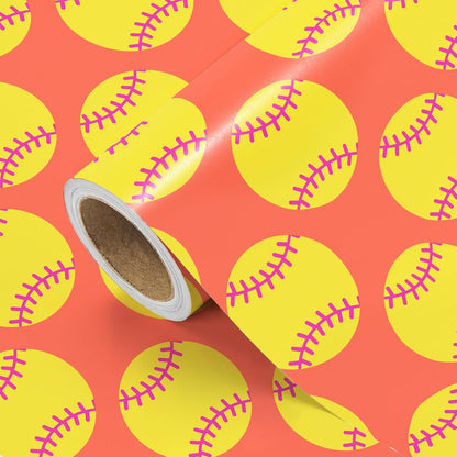 Softball Wrapping Paper Roll - Mini Roll - 17 Inch x 9.8 Feet - Classic Red and Yellow Softball Sports Wrapping Paper for Birthday, Wedding, Sports Party, Team Celebration