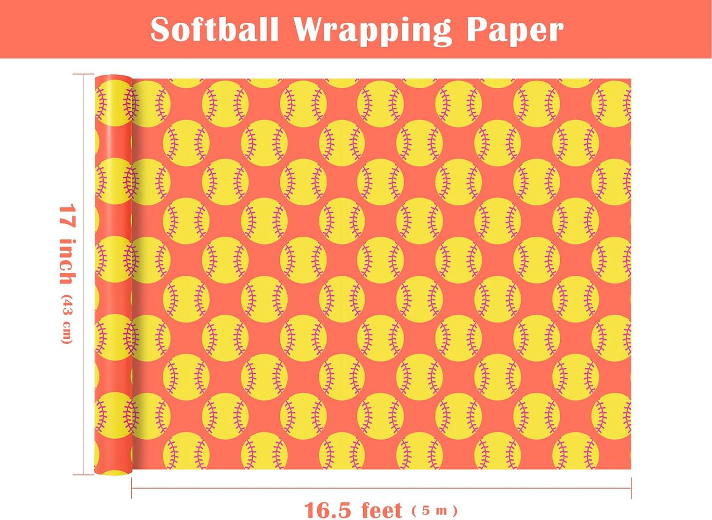 Softball Wrapping Paper Roll - Mini Roll - 17 Inch x 9.8 Feet - Classic Red and Yellow Softball Sports Wrapping Paper for Birthday, Wedding, Sports Party, Team Celebration