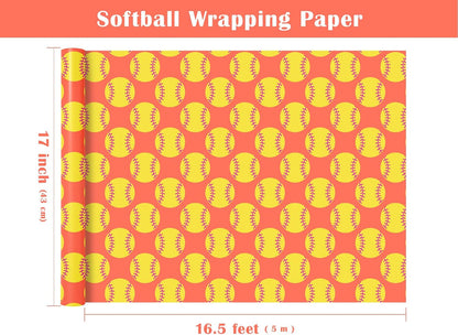 Softball Wrapping Paper Roll - Mini Roll - 17 Inch x 9.8 Feet - Classic Red and Yellow Softball Sports Wrapping Paper for Birthday, Wedding, Sports Party, Team Celebration
