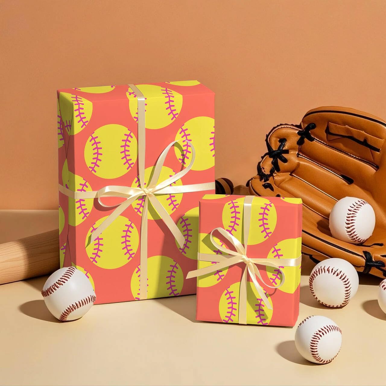 Softball Wrapping Paper Roll - Mini Roll - 17 Inch x 9.8 Feet - Classic Red and Yellow Softball Sports Wrapping Paper for Birthday, Wedding, Sports Party, Team Celebration