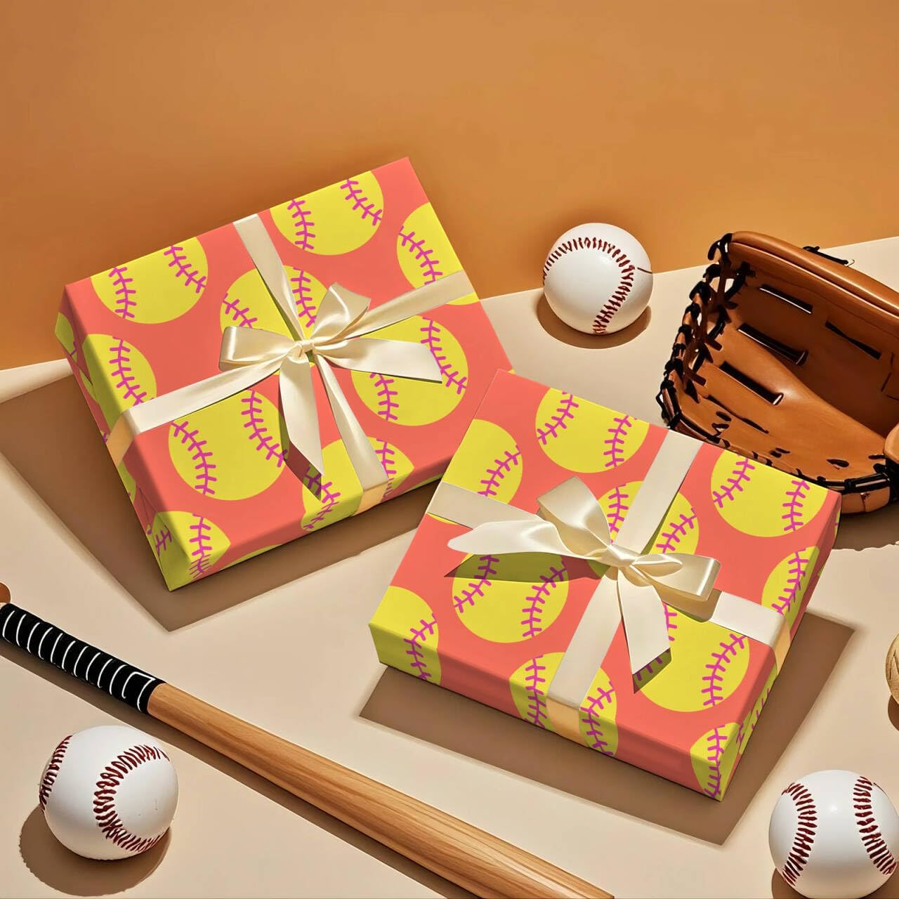 Softball Wrapping Paper Roll - Mini Roll - 17 Inch x 9.8 Feet - Classic Red and Yellow Softball Sports Wrapping Paper for Birthday, Wedding, Sports Party, Team Celebration