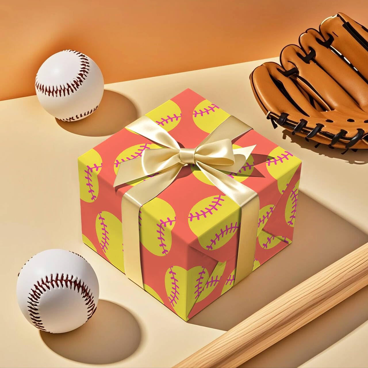 Softball Wrapping Paper Roll - Mini Roll - 17 Inch x 9.8 Feet - Classic Red and Yellow Softball Sports Wrapping Paper for Birthday, Wedding, Sports Party, Team Celebration