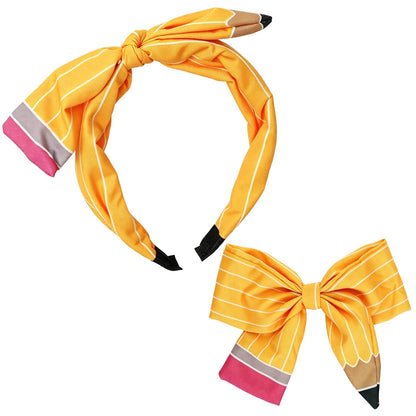 2Pcs Back to School Pencil Bow Hair Clips Headband Accessories Set | Pencil Shape, Yellow, Cute Bow Clips, Headband, Back to School, First Day, Adjustable Universal Fit, Students Teacher Gift