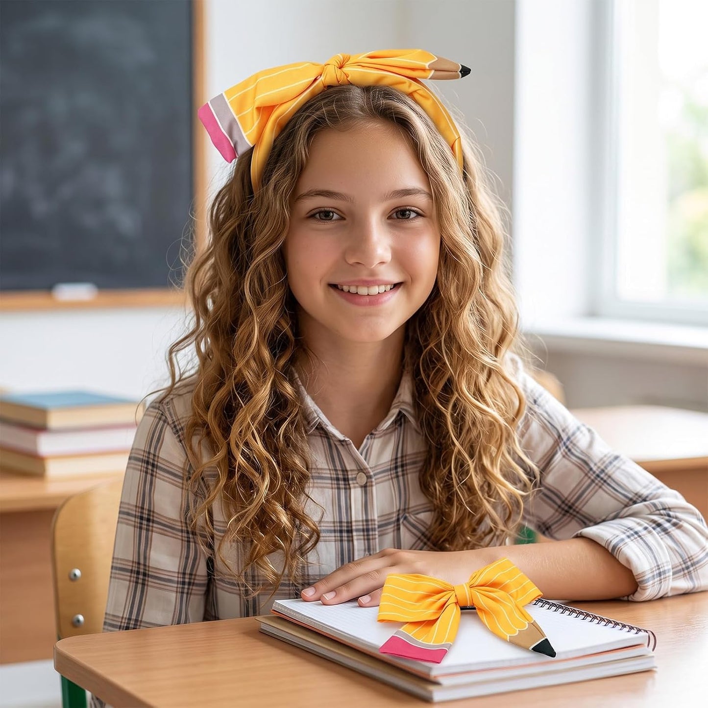 2Pcs Back to School Pencil Bow Hair Clips Headband Accessories Set | Pencil Shape, Yellow, Cute Bow Clips, Headband, Back to School, First Day, Adjustable Universal Fit, Students Teacher Gift